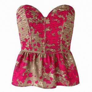 Devlin Strapless Peplum Bustier Top Pink Floral Metallic Smocked Back Size Small